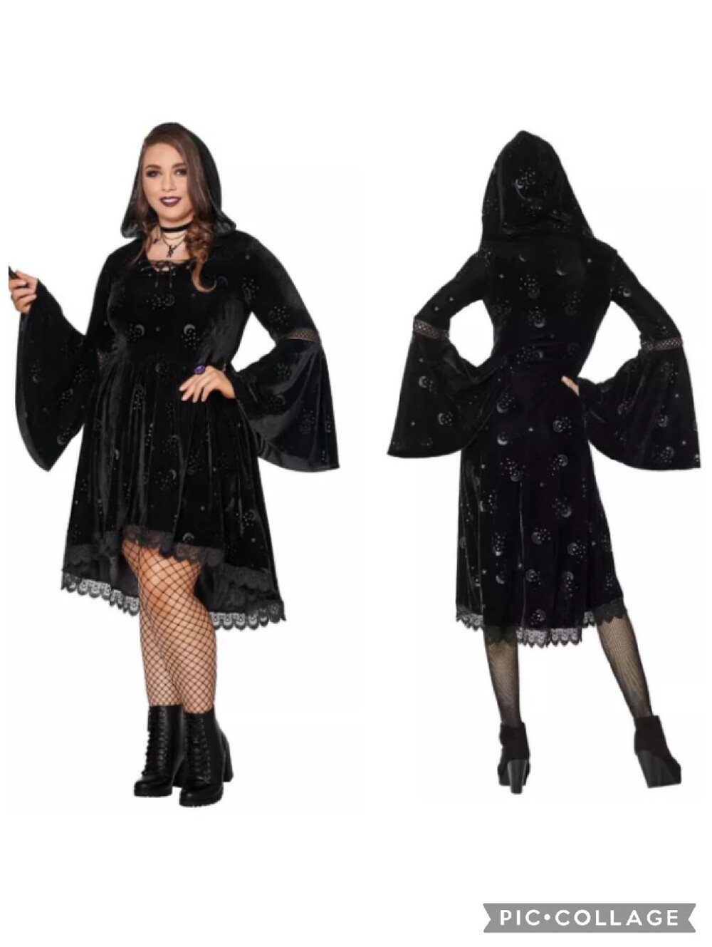 Spirit Halloween Celestial Coven Hooded Velvet Bell Sleeve High Low Mini Dress